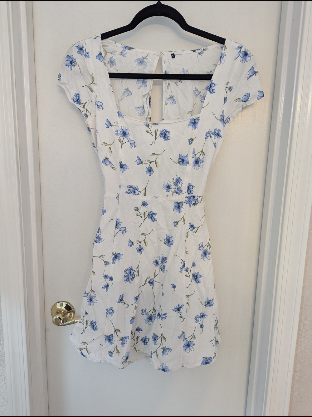 White Mini Dress with Blue Floral Print - Feminine Square Neck